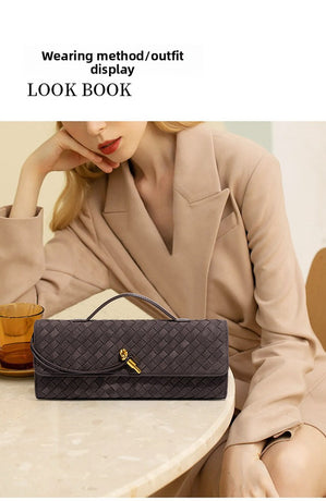 Retro Woven Baguette Handbag for Women Suede Texture PU Leather Shoulder Crossbody Bag Elegant Evening Clutch Sand color