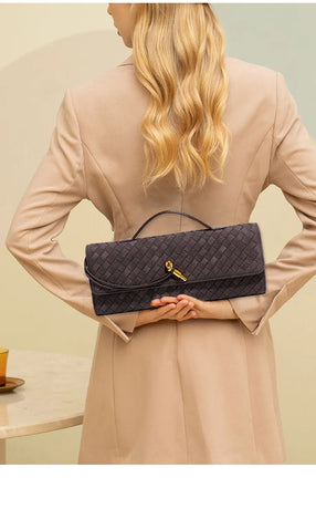 Retro Woven Baguette Handbag for Women Suede Texture PU Leather Shoulder Crossbody Bag Elegant Evening Clutch Sand color