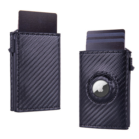 RFID Blocking Pop-Up Card Wallet with AirTag Holder - Carbon Fiber Texture Aluminum Smart Wallet - Automatic Slider Mechanism with Cash Compartment - Black (AirTag Not Included)