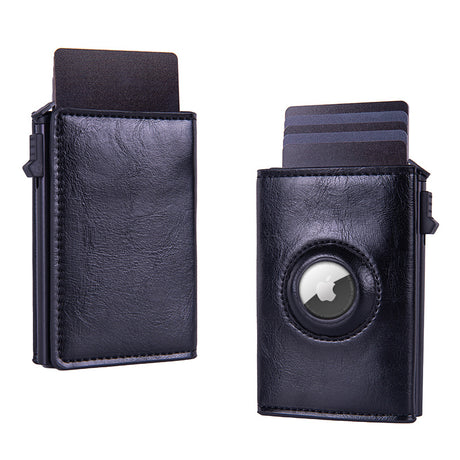 RFID Blocking Pop-Up Card Wallet with AirTag Holder - Crazy Horse Leather Style Aluminium Smart Wallet - Automatic Slider with Cash Slot - Vintage Black (AirTag Not Included)
