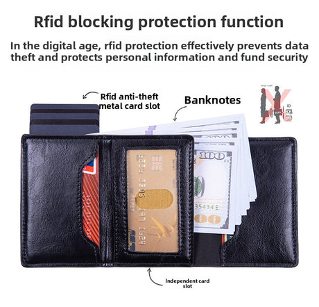 RFID Blocking Pop-Up Card Wallet with AirTag Holder - Crazy Horse Leather Style Aluminium Smart Wallet - Automatic Slider with Cash Slot - Vintage Black (AirTag Not Included)