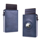 RFID Blocking Pop-Up Card Wallet with AirTag Holder - Automatic Slider Aluminium Smart Case with Cash Slot - Slim Minimalist Blue Leather Design (AirTag Not Included)