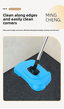 3-in-1 Hand Push Floor Sweeper - Manual Spinning Broom, Dustpan & Mop Combo - Silent Non-Electric Cleaning for Hardwood & Tiles - Vitality Red