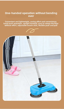 3-in-1 Hand Push Floor Sweeper - Manual Spinning Broom, Dustpan & Mop Combo - Silent Non-Electric Cleaning for Hardwood & Tiles - Vitality Red