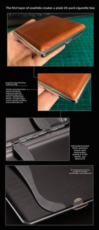 Genuine Leather Cigarette Case Holder 20 Stick Capacity Retro Vintage Style Stainless Steel Frame Pocket Box Mens Gift Black