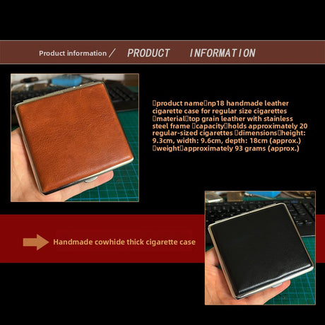 Crazy Horse Leather Cigarette Case Vintage Rustic Style 20 Stick Capacity Hard Shell Metal Frame Holder Mens Gift Retro Brown