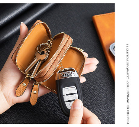 Genuine Leather Car Key Case Double Zipper Smart Key Fob Holder Wallet Remote Organiser Pouch with Hook Black