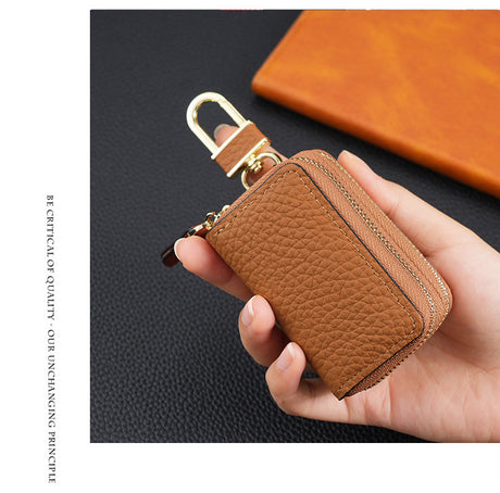 Genuine Leather Car Key Case Double Zipper Smart Key Fob Holder Wallet Remote Organiser Pouch with Hook Black