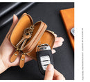 Genuine Leather Car Key Case Double Zipper Smart Key Fob Holder Wallet Remote Organiser Pouch with Hook Brown