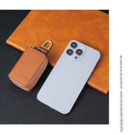 Genuine Leather Car Key Case Double Zipper Smart Key Fob Holder Wallet Remote Organiser Pouch with Hook Red