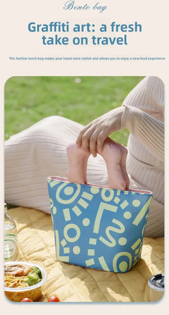 Insulated Lunch Bag Tote Fashion Graffiti Print with Soft Padded Handle Waterproof Thermal Cooler Bento Case for Work School and Picnics Blue with Purple Handle