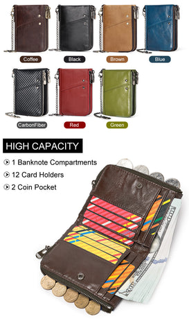 Genuine Leather Mens Wallet Double Zipper - RFID Blocking Bifold Card Holder with Coin Pocket - Vintage Brown Gift for Him