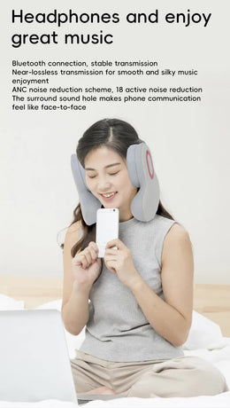 Smart 4-in-1 Travel Neck Pillow with ANC Headphones - Heated Vibration Massage & Bluetooth Audio - Memory Foam Support for Planes & Home - Beige
