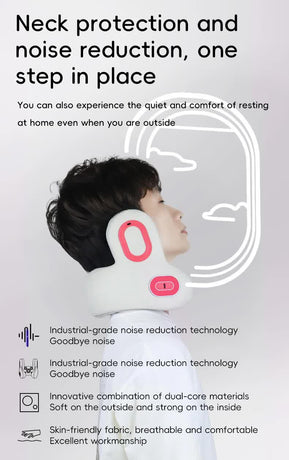 Smart 4-in-1 Travel Neck Pillow with ANC Headphones - Heated Vibration Massage & Bluetooth Audio - Memory Foam Support for Planes & Home - Beige