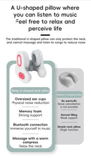 Smart 4-in-1 Travel Neck Pillow with ANC Headphones - Heated Vibration Massage & Bluetooth Audio - Memory Foam Support for Planes & Home - Beige