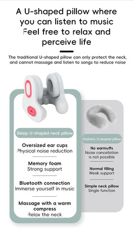 Smart 4-in-1 Travel Neck Pillow with ANC Headphones - Heated Vibration Massage & Bluetooth Audio - Memory Foam Support for Planes & Home - Beige