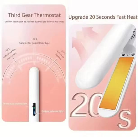 Cordless Mini Hair Straightener & Curler 2-in-1 - Portable USB Rechargeable Ceramic Flat Iron with 3 Temperature Settings - Compact Travel Styler for Bangs & Touch Ups - Pink
