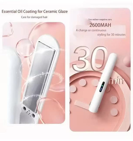 Cordless Mini Hair Straightener & Curler 2-in-1 - Portable USB Rechargeable Ceramic Flat Iron with 3 Temperature Settings - Compact Travel Styler for Bangs & Touch Ups - Pink
