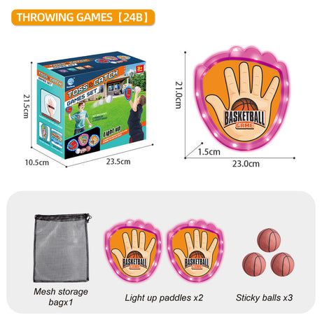 LED Light Up Toss and Catch Game Set - 2 Glowing Pink Paddles & 3 Sticky Basketball - Fun Outdoor Beach & Camping Toy for Kids & Adults - Includes Mesh Storage Bag