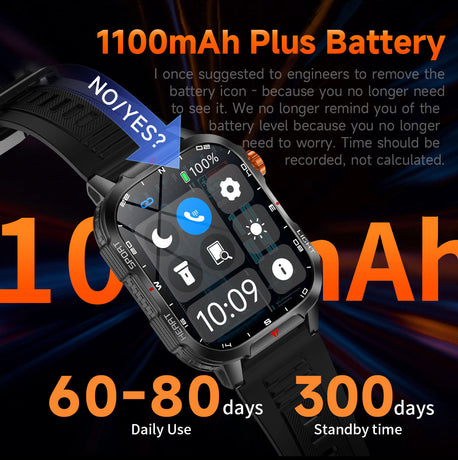 Rugged Outdoor Smart Watch for Men - 1100mAh Extra Long Battery with LED Flashlight & Compass - 2.01