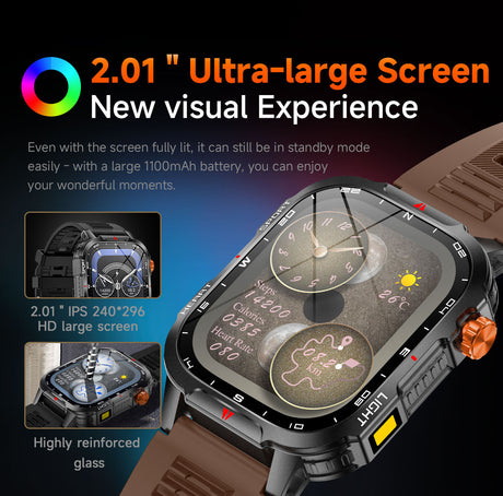 Rugged Outdoor Smart Watch for Men - 1100mAh Extra Long Battery with LED Flashlight & Compass - 2.01