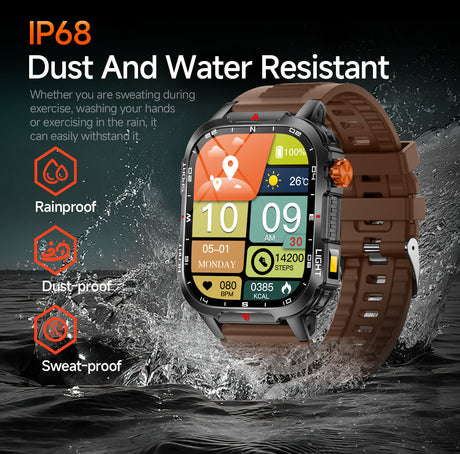 Rugged Outdoor Smart Watch for Men - 1100mAh Extra Long Battery with LED Flashlight & Compass - 2.01