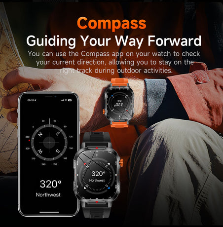 Rugged Outdoor Smart Watch for Men - 1100mAh Extra Long Battery with LED Flashlight & Compass - 2.01