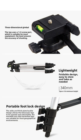 110cm Lightweight Camera & Phone Tripod Stand - Portable Aluminium Travel Tripod with 3-Way Head, Bubble Level & Universal Smartphone Holder - 3110 Adjustable Mount for Live Stream & Vlogging - Black and Silver