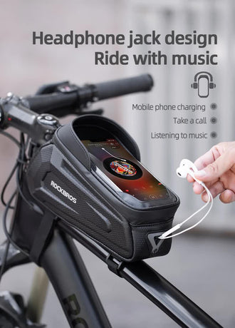 ROCKBROS Hard Shell Bike Top Tube Bag - Waterproof Cycling Frame Pouch with TPU Touchscreen Phone Holder & Sun Visor - 1.7L Large Capacity for MTB & Road Bikes - Black