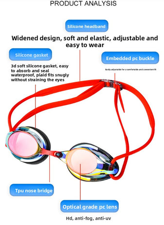 Red Swimming Goggles Mirrored Anti-Fog UV Protection Waterproof HD Silicone Seal Swim Glasses for Men Women Training