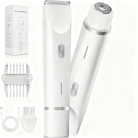 2-in-1 Electric Lady Shaver & Bikini Trimmer Dual Head Waterproof Wet & Dry Body Hair Remover Cordless Razor for Face Legs Underarms White