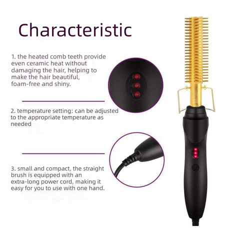 2-in-1 Electric Hot Comb Hair Straightener & Curler Titanium Alloy Heating Fast Heat Up Anti-Scald Pressing Comb with AU Plug 3 Temp Settings Gold