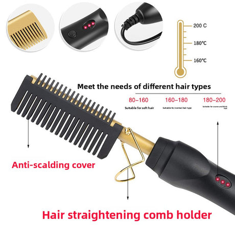 2-in-1 Electric Hot Comb Hair Straightener & Curler Titanium Alloy Heating Fast Heat Up Anti-Scald Pressing Comb with AU Plug 3 Temp Settings Black
