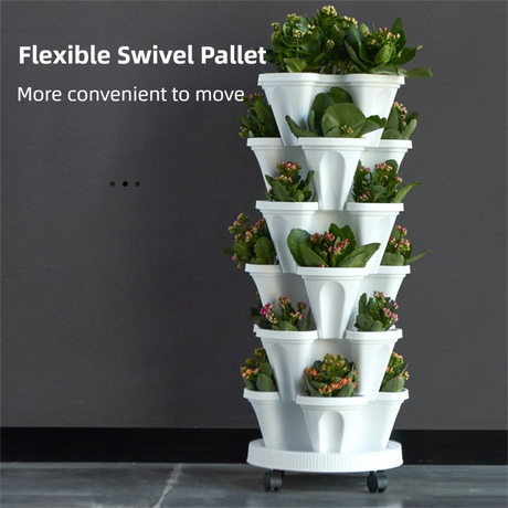 Pink 3-Tier Stackable Strawberry & Vegetable Planter with Mobile Wheel Tray - Space-Saving Vertical Gardening System