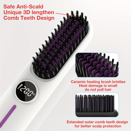 S01 Black Cordless Hair Straightener Brush - 2-in-1 Curling & Straightening Tool with LED Power Display and 7-Level Temp Control, Mini Quick Heat Anti-Damage