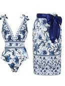M Size Blue Print Women's Sexy One-Piece Swimsuit Set With Matching Wrap Skirt  - European/American Style Bikini with Built-in Pads