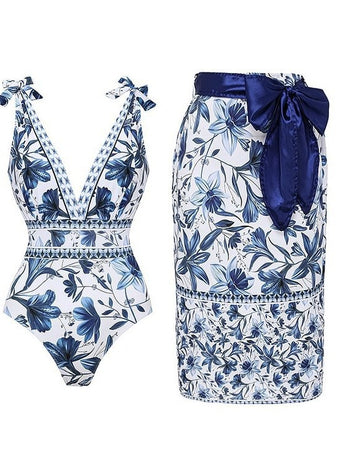 M Size Blue Print Women's Sexy One-Piece Swimsuit Set With Matching Wrap Skirt  - European/American Style Bikini with Built-in Pads
