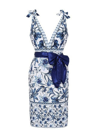 XL Size Blue Print Women's Sexy One-Piece Swimsuit Set With Matching Wrap Skirt  - European/American Style Bikini with Built-in Pads