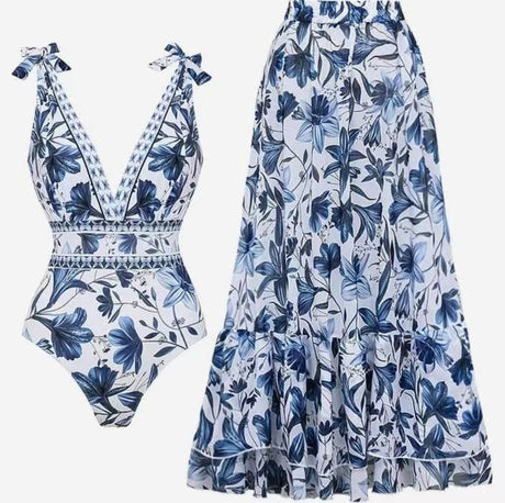 M Size Blue Print Women's Sexy One-Piece Swimsuit Set With Matching Long Dress  - European/American Style Bikini with Built-in Pads