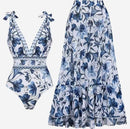 XL Size Blue Print Women's Sexy One-Piece Swimsuit Set With Matching Long Dress  - European/American Style Bikini with Built-in Pads