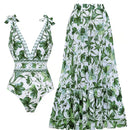 XL Size Green Print Women's Sexy One-Piece Swimsuit Set With Matching Long Dress  - European/American Style Bikini with Built-in Pads