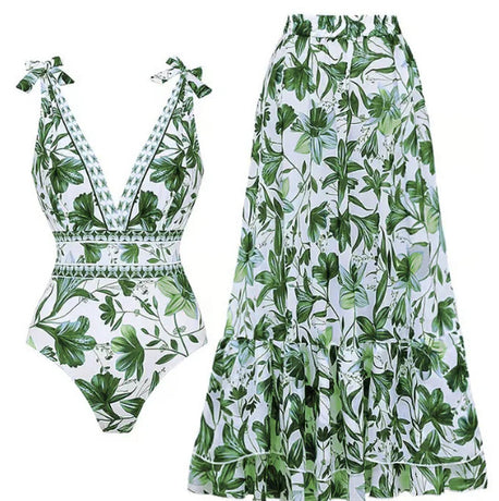 XL Size Green Print Women's Sexy One-Piece Swimsuit Set With Matching Long Dress  - European/American Style Bikini with Built-in Pads