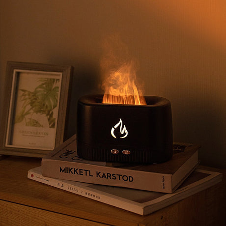 Black 3D Simulation Flame Aroma Diffuser & Humidifier - Ultrasonic Desktop Mister with 7-Color LED Light and Automatic Scent Spray (200ML)