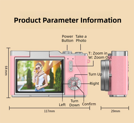 Brown 4K Compact Digital CCD Camera for Vlogging & Students - Portable Point and Shoot with 2.4-inch Rotating Screen, 8X Optical Zoom, and Anti-Shake