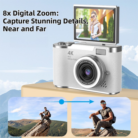 White 4K Compact Digital CCD Camera for Vlogging & Students - Portable Point and Shoot with 2.4-inch Rotating Screen, 8X Optical Zoom, and Anti-Shake