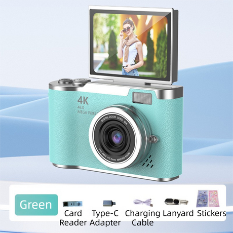 Green 4K Compact Digital CCD Camera for Vlogging & Students - Portable Point and Shoot with 2.4-inch Rotating Screen, 8X Optical Zoom, and Anti-Shake