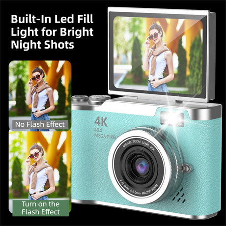 Yellow 4K Compact Digital CCD Camera for Vlogging & Students - Portable Point and Shoot with 2.4-inch Rotating Screen, 8X Optical Zoom, and Anti-Shake