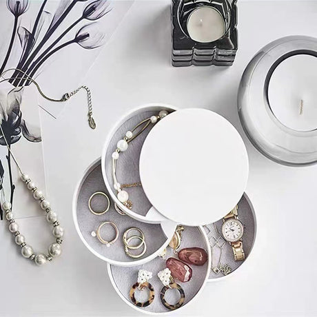 White 4-Layer Rotating Jewelry Storage Box - Dust-Proof Velvet Lined Organizer for Rings, Coins, and Hair Accessories (10x10CM)