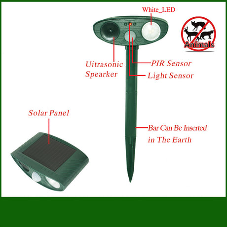 Classic Solar Powered Animal Repeller - PIR Sensor, Ultrasonic & Flashing Light Deterrent for Cats, Dogs, and Birds