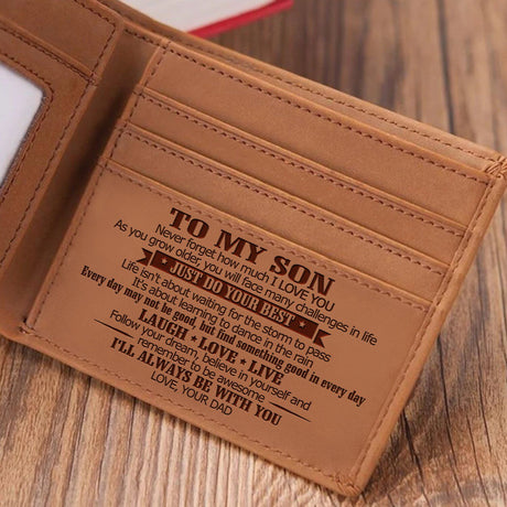 Style 1 To My Son Embossed Genuine Cowhide Leather Men's Wallet (Gift Giver: Love Dad) - Anti-Theft RFID Blocking - Personalized Dad & Mom Gift